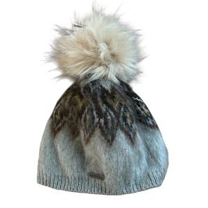Prana Marin Beanie Grey Fair Isle Faux Fur Pom Fleece Lined Winter Hat 1965131